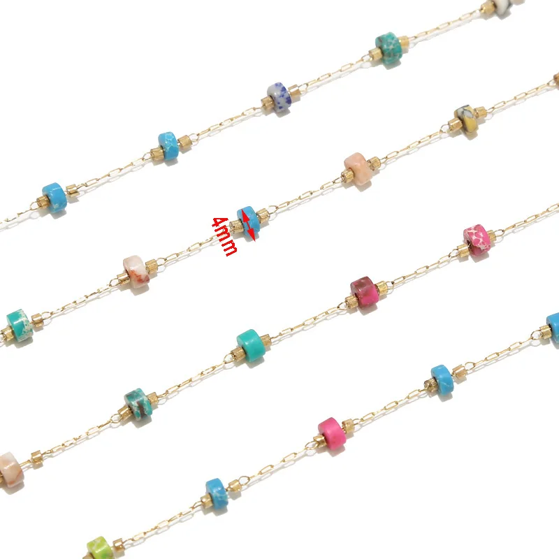 2Meters Gold Plated Stainless Steel Mixed Round Flat Stones Charm 4mm Beaded Rosary Chains For DIY Jewelry Making Findings