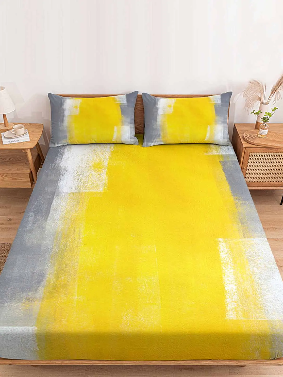 

Yellow Gray Abstract Art Polyester Fitted Sheet Mattress Cover Four Corners Elastic Band Bed Sheet Pilllowcase