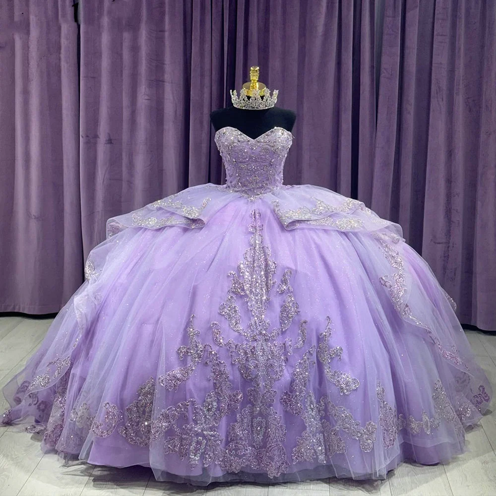 

Lilac Sweetheart Ruffles Ball Gown Quinceanera Dress Sequined Appliques Lace Sweet 16 Corset Vestidos De 15 Años YQD516
