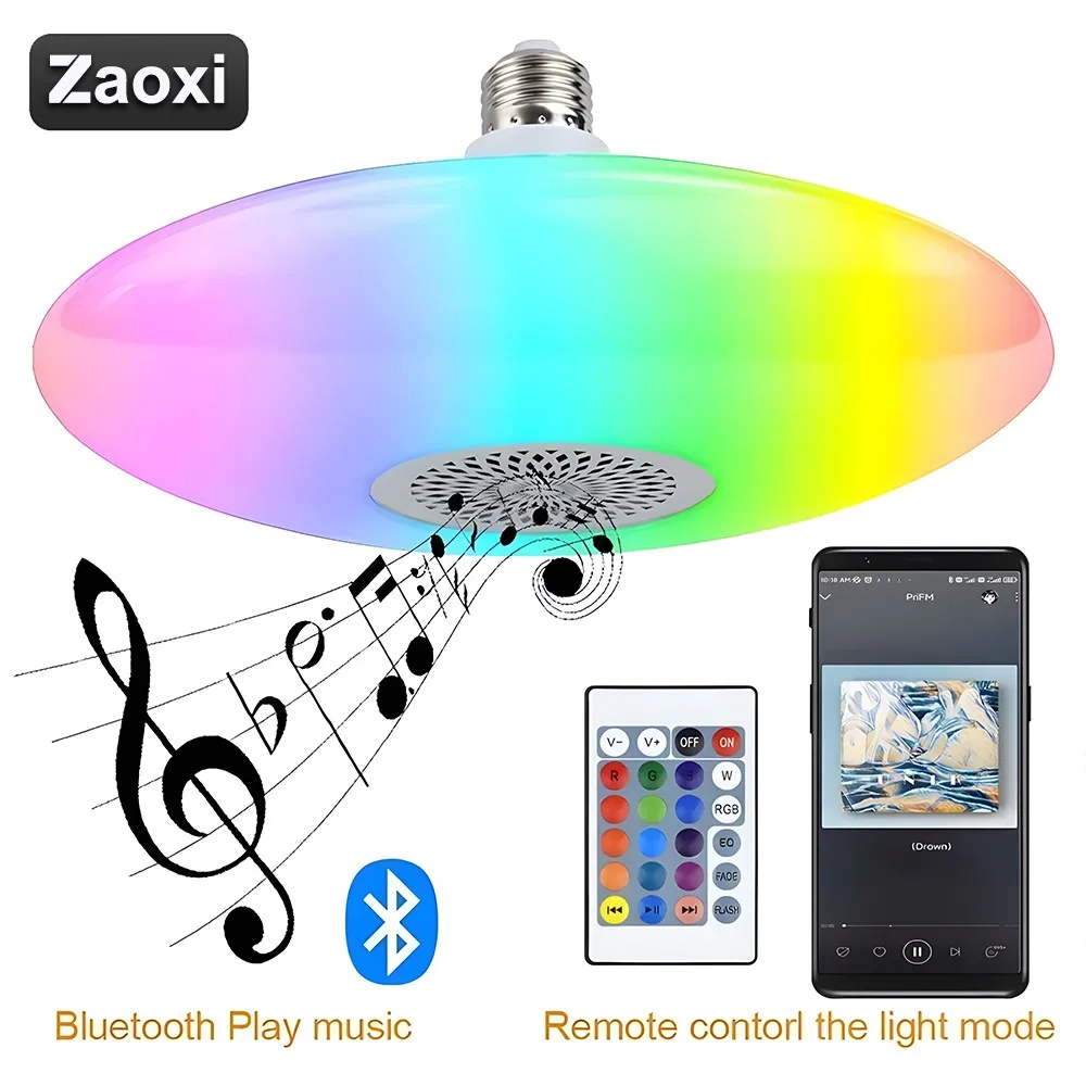 ZAOXI UFO Lamp Music Wireless Bluetooth Speaker Bulb E27 RGB+White Dimmable Smart Led Ceiling Light Remote Control For Home,smart led light bulbs