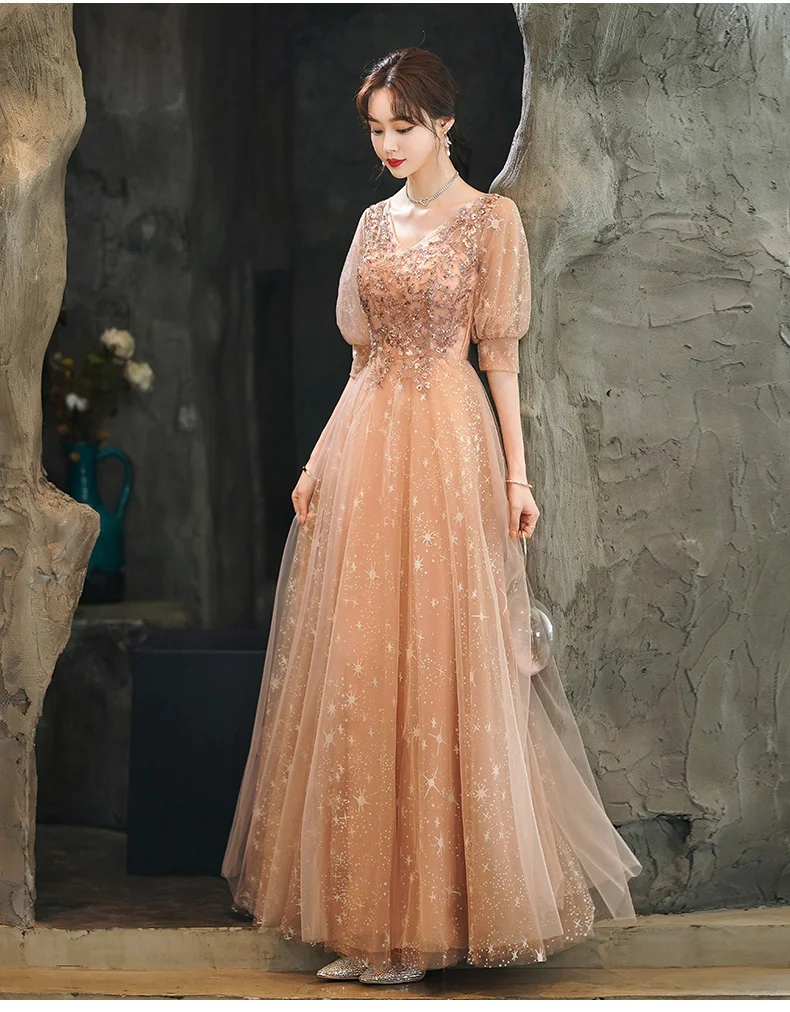 Pink Evening Dresses Long For Women Elegant V-Neck A-Line Floor-Length Luxury Appliques Sequined Lace Tulle Fancy Formal Gowns sexy ball gowns