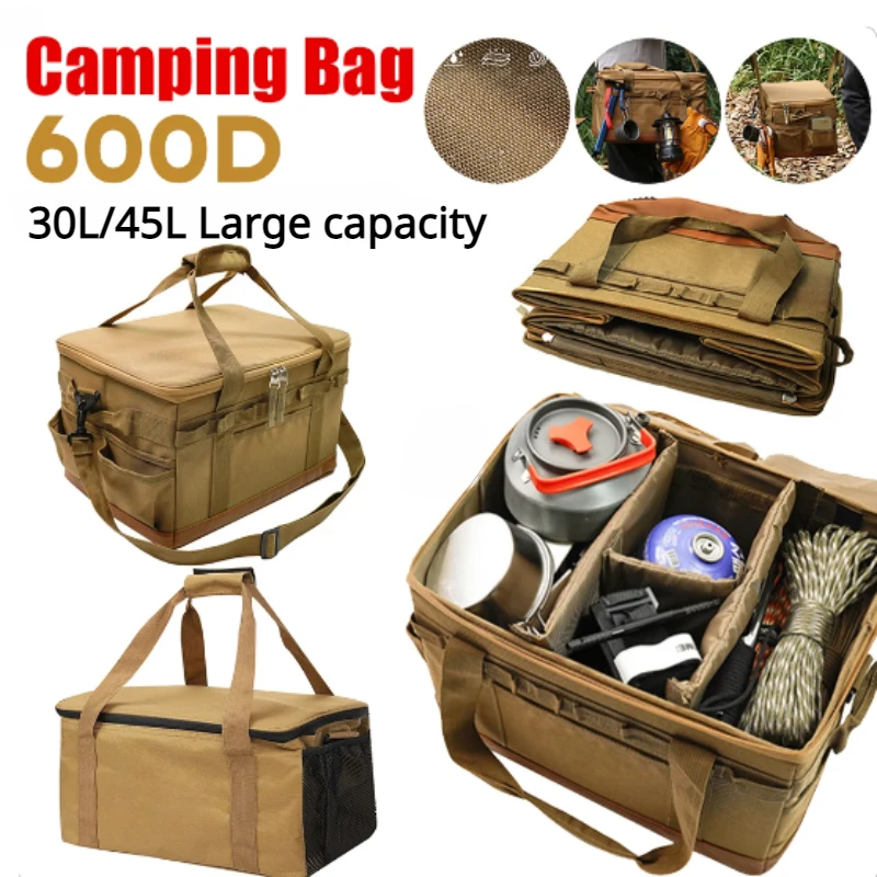 600D Camping Bag Large Capacity 30L 45L Black and Khaki Color Camping Storage Bag Portable Picnic BagOutdoor Accessories