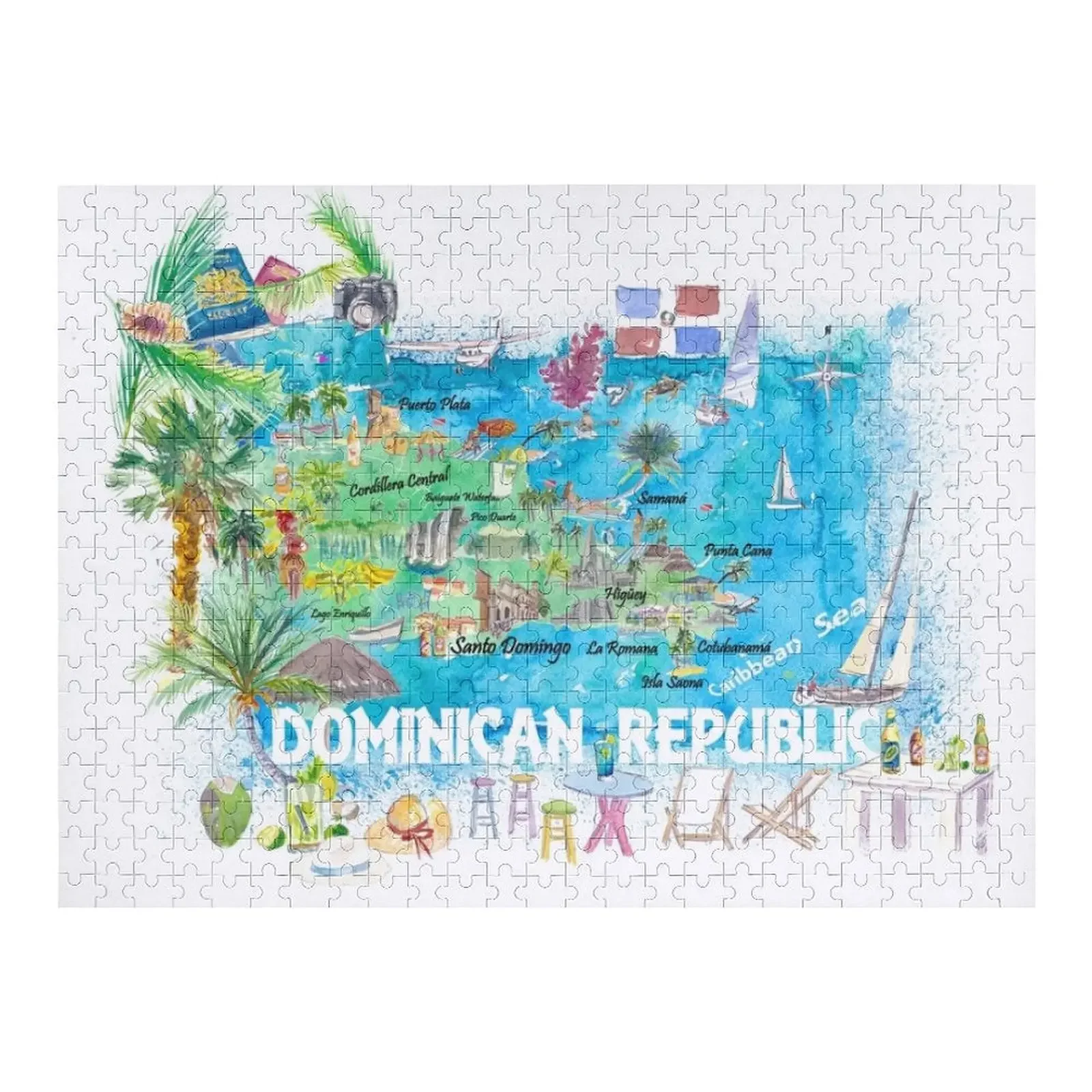 

Dominican Republic Illustrated Travel Map with Roads and Highlights Jigsaw Puzzle With Photo Wooden Adults Puzzle