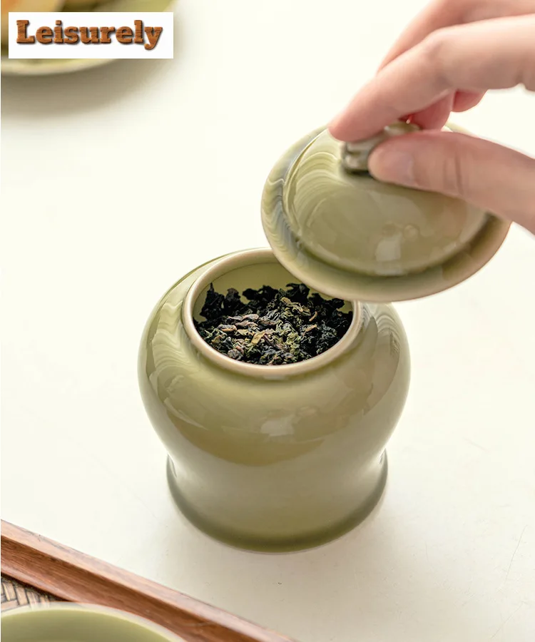 200ml Yaozhou Kiln Celadon Tea Box Organizer Moisture-proof Japanese Vine Melon Storage Tank Containers Tea Caddy Tableware Gift