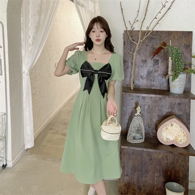 Green Maternity Summer Long Dress Plus Size Pregnant Woman Puff Sleeve Ruffle Patchwork Bowknot Pregnancy