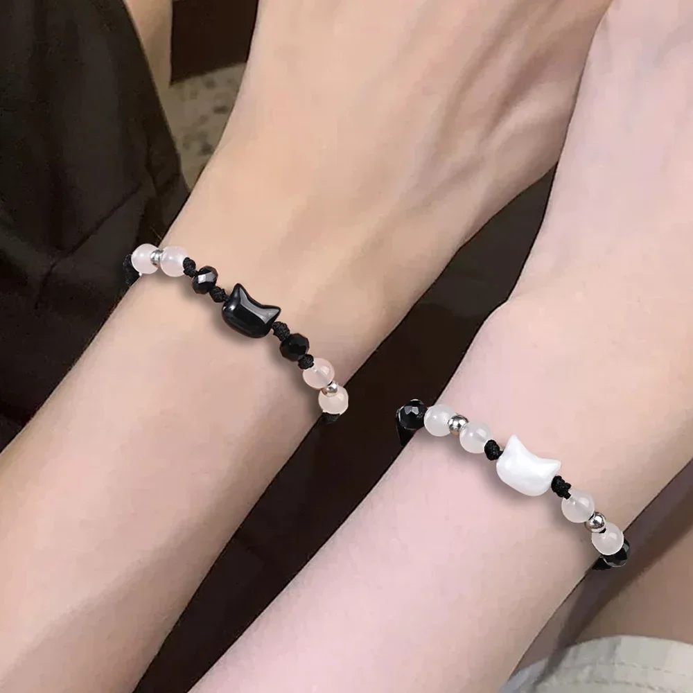 2pcs Natural Moonstone Obsidian Bracelets Couple Minimalist Bracelet Handmade Cute Black White Cat Bracelet Party Jewelry Gifts 2