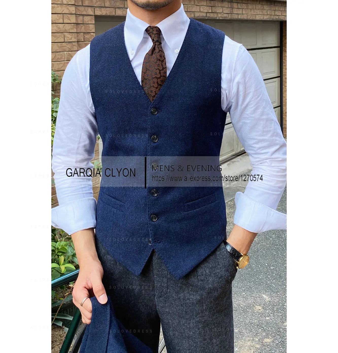 V Neck Slim Fit Single Breasted Slim Fit Herringbone Men‘s Vest For Jacket Casual Business Men's Waistcoat 3