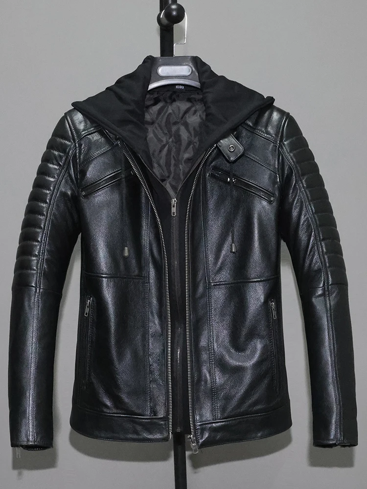 

Euro and American Style Men's Genuine Leather Real Natural Cowhide Coat with a Hood Motor Jacket for Male Black Plus Oversized