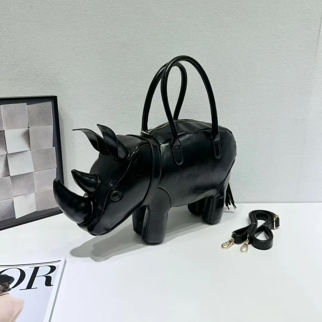 2025 Y2K Handbag Black Leather Rhinoceros shape Shaped Purse Handbag Tote Evening Party Bolsas Bags For Women