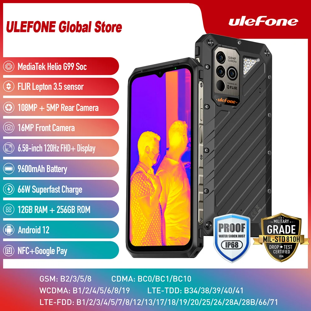 Ulefone Power Armor 19T,17 Гб + 256 Гб, c тепловизионной камерой FLIR®,9600 мАч, 66 Вт, Helio G99, глобальная версия