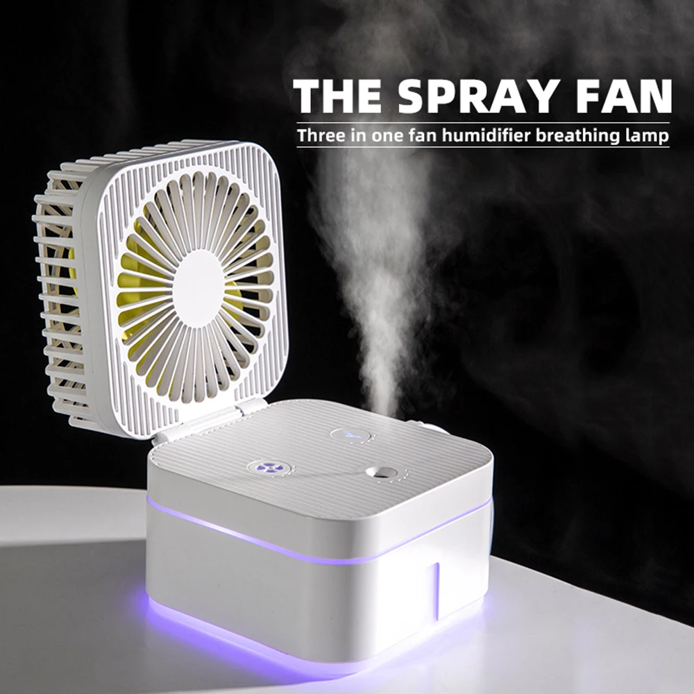 

Portable Spray Humidification Fan Mini Desktop Fan USB 2000mAh Recharge Aromatherapy Night Light Adjustable Desk Fan