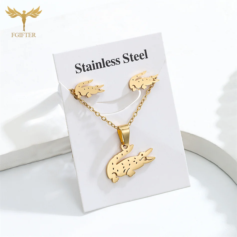 Fashion Crocodile Jewelry Set High Quality Stainless Steel Stud Earrings Pendant Chain Necklace Women Accessories Party Gifts