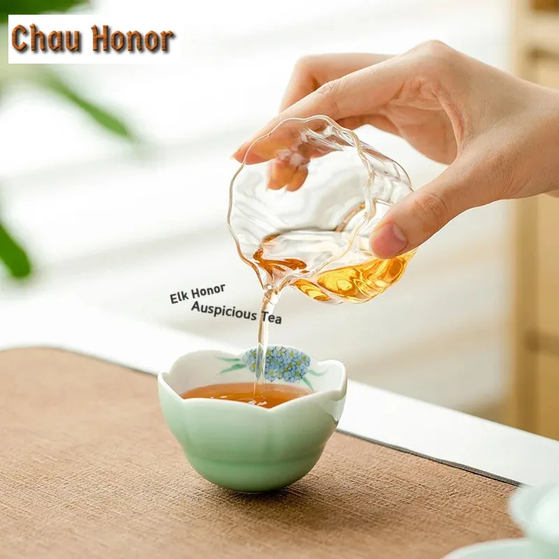 95ml Pure Handdrawn Embroidery Ball Flower Ceramic Teacup Plum Green Petal Tea Bowl High Foot Master Cup Female Jianzhan Teaware