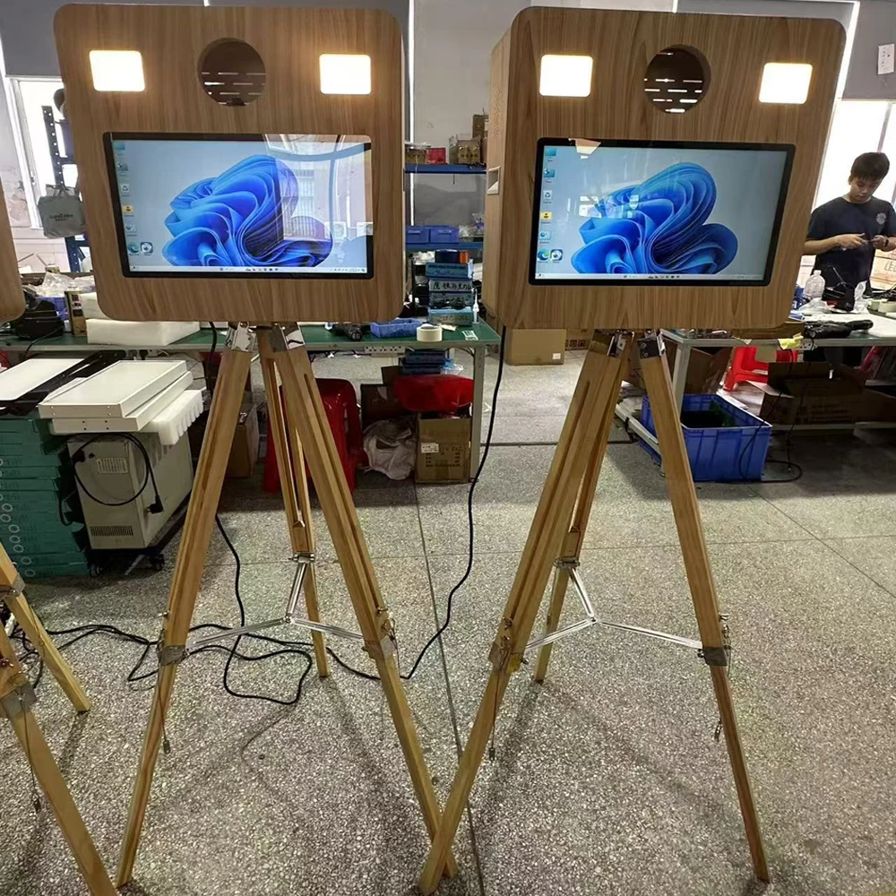 터치 스크린 DSLR 나무 사진 부스 기계, 비행 케이스 포함, 휴대용 셀카 매직 미러, 파티 결혼 포토부스, 15.6 인치