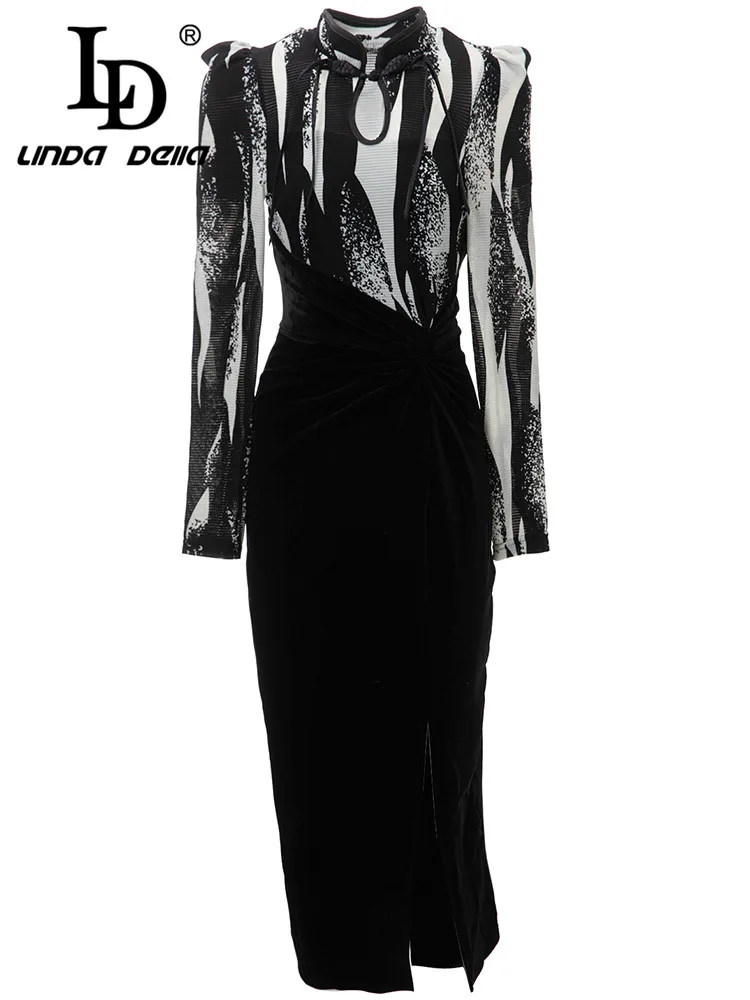 

LD LINDA DELLA Autumn Fashion Designer Dress Women Black and white long sleeve Hollow Out Splice Irregularity Draped Slit Dress