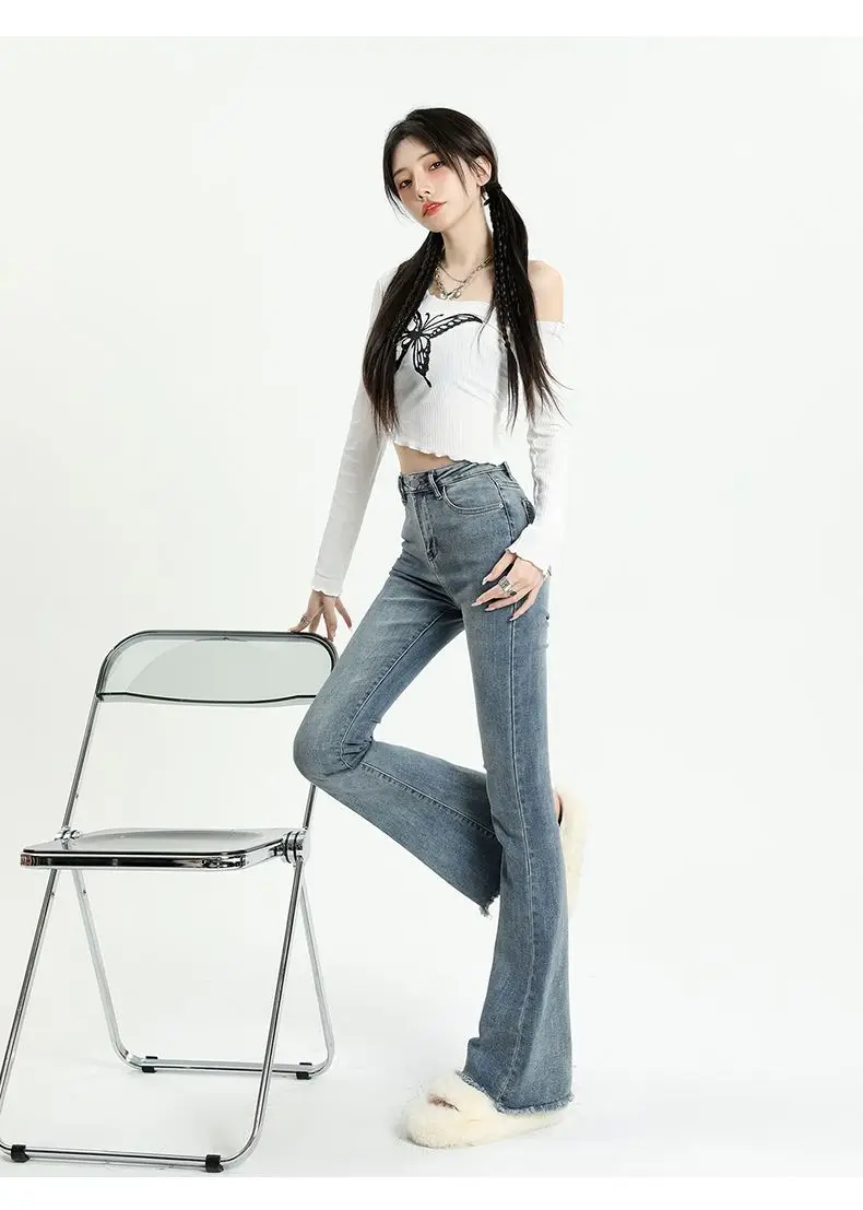 High Rise Slim ‘70s Flare Jeans  Women’s Elegant Denim Trousers High Waist Vintage Casual Streetwear Ripped Design Petite Plus size womens Chic Trendy Harajuku Spring Pants for woman in Light Blue