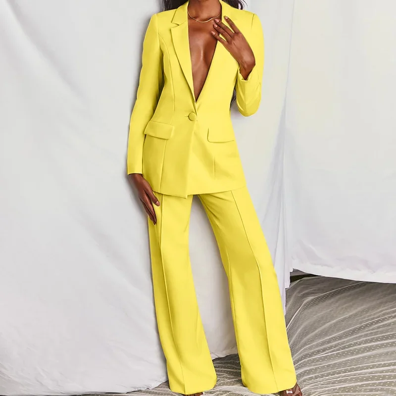 Women's Business Suit Blazer Set Office Ladies Solid Colors Formal Suits with Buttons New Pink Yellow Blazer Pants Set Two Piece