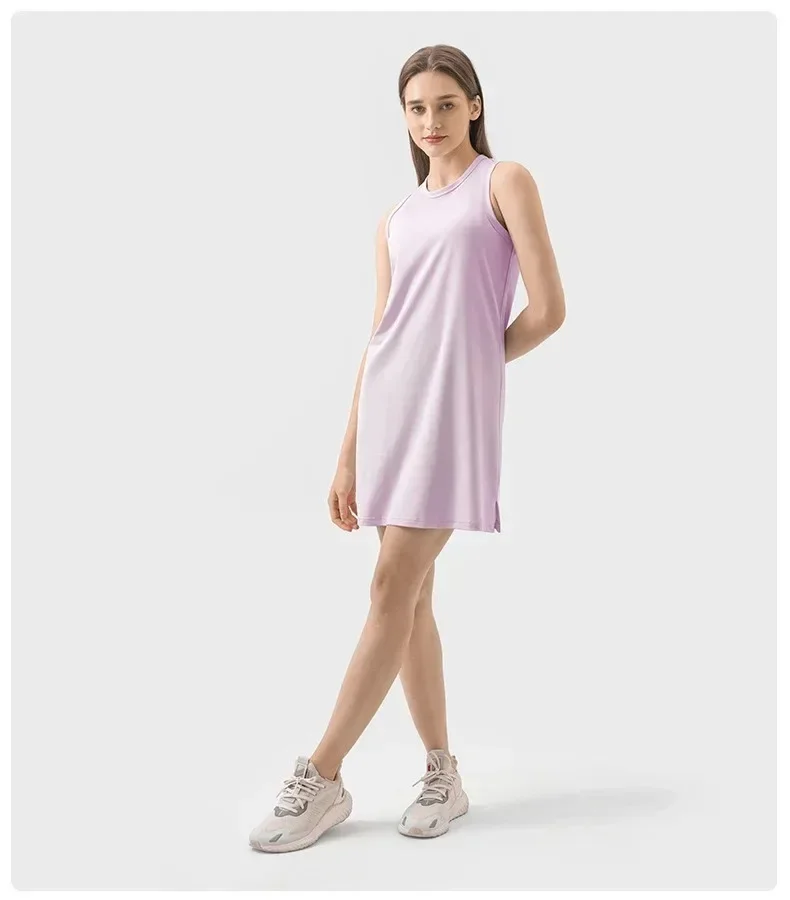 Lemon Women Sport Dress Round Collar Sleeveless Straight H Comfortable Cool Summer Active Exercise Tennis Golf Long Skirts