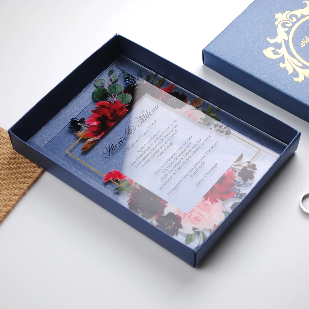 Transparent Personalized Printed Thick Acrylic Wedding Invitations Cards Box Envelop 10pcs