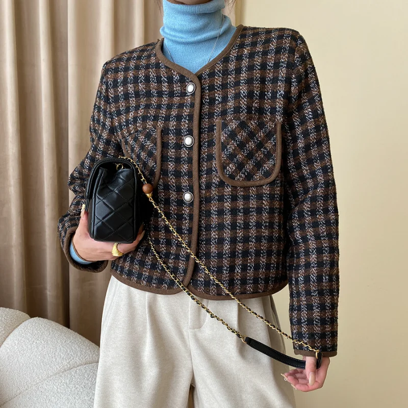 french-vintage-plaid-tweed-quilted-jacket-women-autumn-winter-casual-simple-korean-small-fragrant-long-sleeved-crewneck-coat