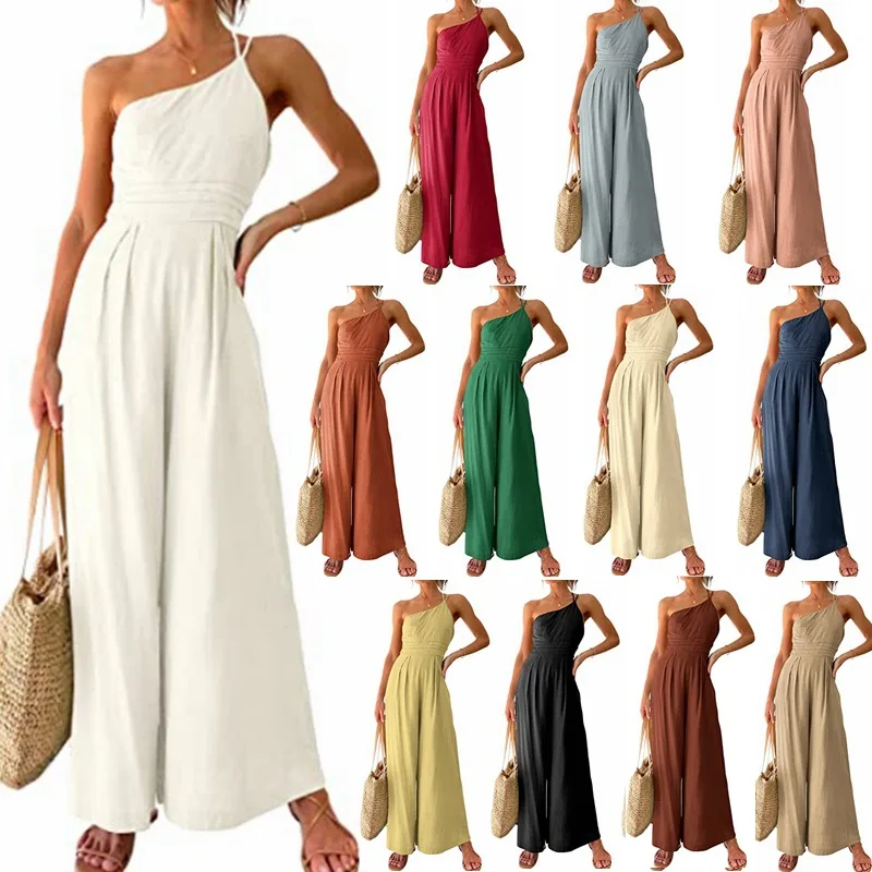 Women's Single Strap Pleated High Waist Casual Wide Leg Jumpsuit Summer Fashion Casual Party Elegant Rompers Lady