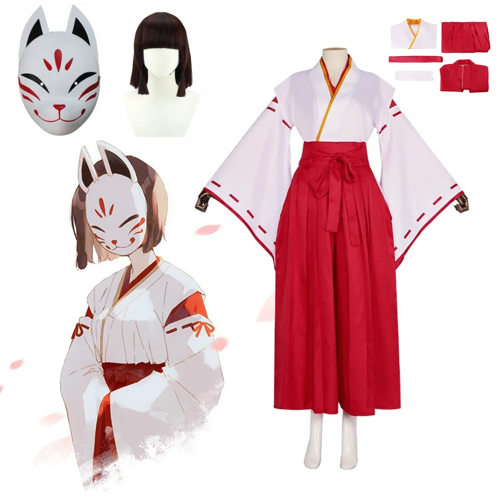 

Anime Genshin Impact Hanachirusato Cosplay Costumes Wig Fox Mask Kazari Hanachiru Sato Miko Clothes