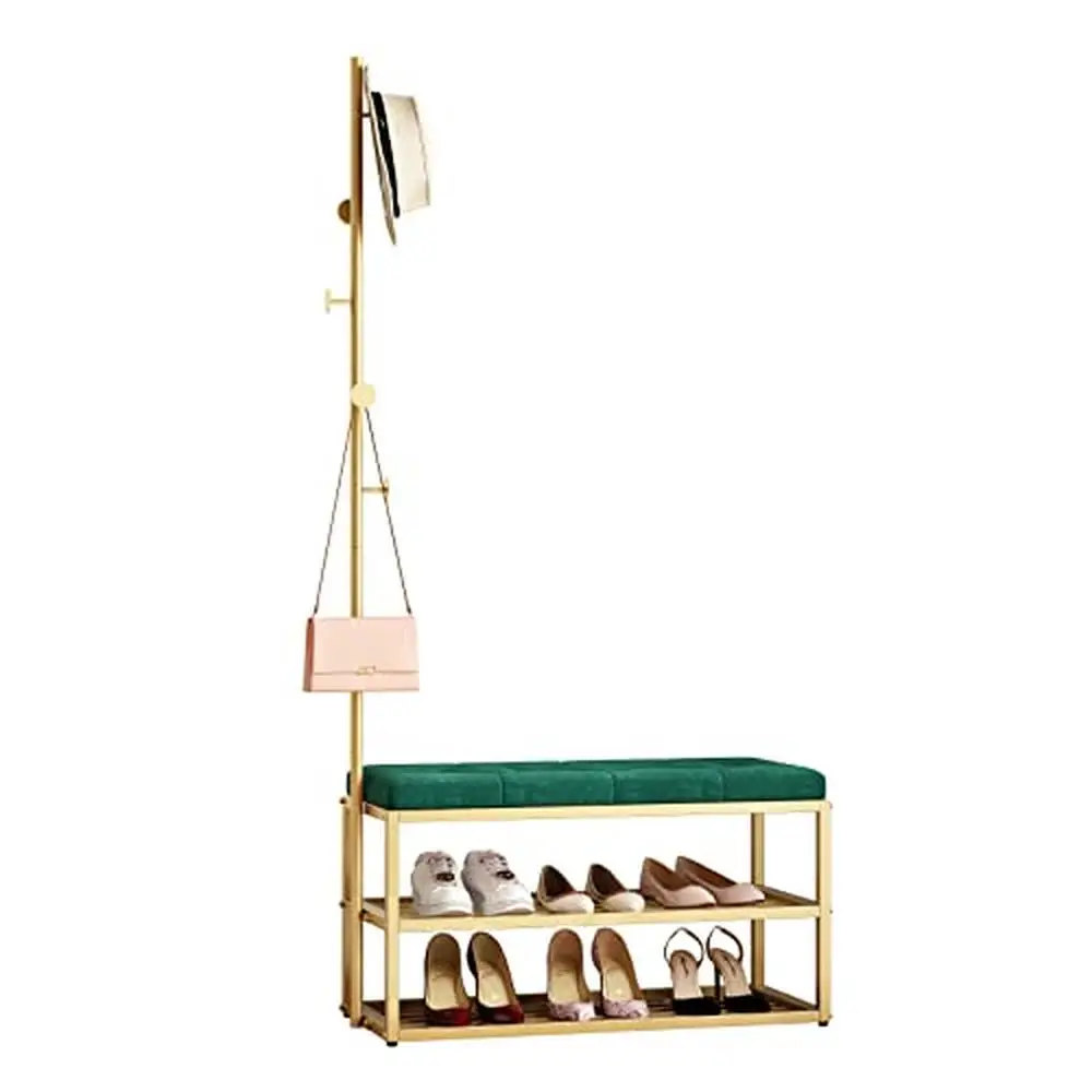Hall Tree Coat Rack with Shoe Storage Shelf Green Upholstered Bench and 5 Hooks Freestanding Metal Entryway Organizer Coats Hats 4
