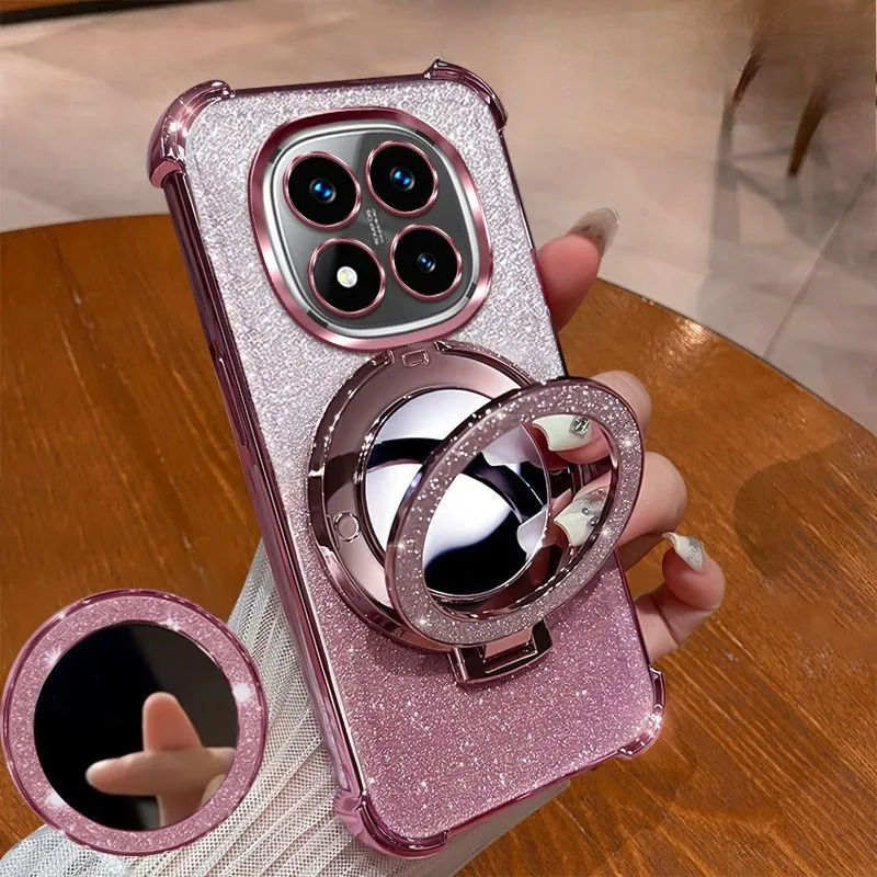 Magnetische Spiegelhalterung Glitzer-Telefonhülle für Xiaomi Redmi Note 14 15 Pro Plus 15 15C 14C 14S 4G 5G Überzug Stoßfeste Abdeckung