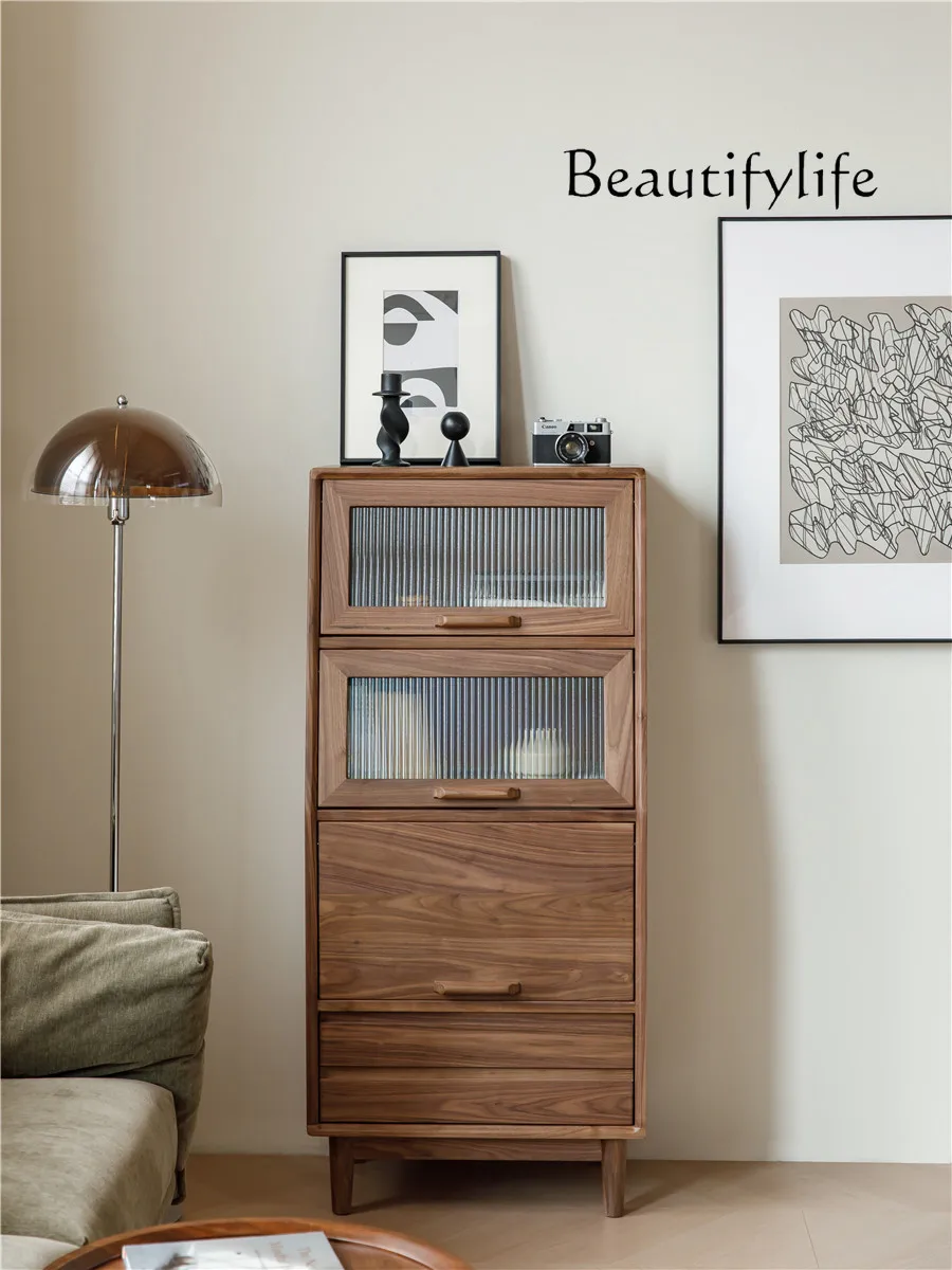 North America Black Walnut All Solid Wood Locker TV Side Cabinet Sideboard Cabinet All Solid Wood Flip Door
