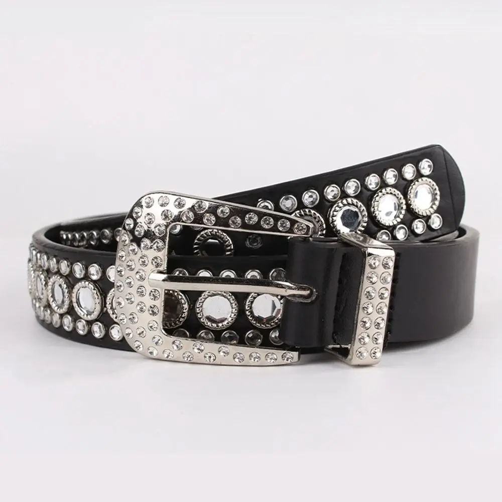 

Alloy Belts Simple PU Leather Diamond Rhinestone Belts Pin Buckle Black Belts for Women Men