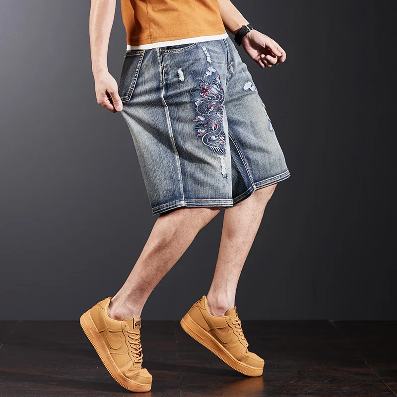 Summer Embroidered Split Denim Shorts Men's Loose Straight Mid pants Thin style Embroidered Cowboy Shorts Plus Size 42 44