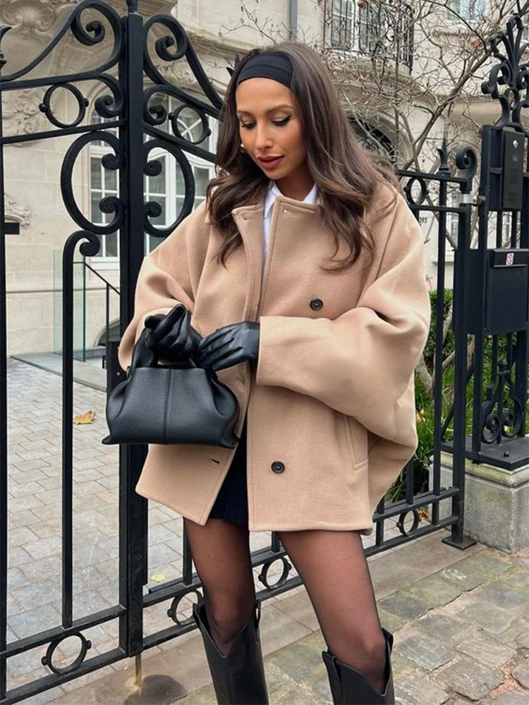 Single-breasted Lapel Coats Women Loose Woolen Long Sleeve Pockets Short Jacket Female Autumn Winter Elegant Casual Tops Outwear 4
