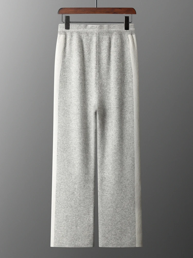 Autumn Winter New Merino Wool Pants Men's High Waist Wide Leg Pants Thickened Jacquard Contrast Casual Knitted