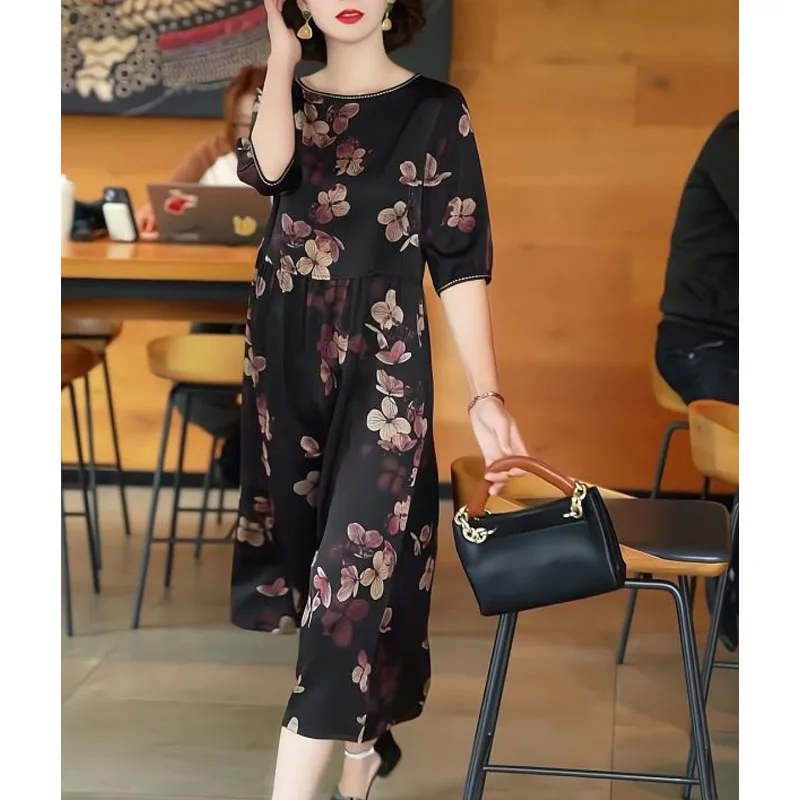 Minimalist Commuter Chiffon A-Line Dress Summer New Women's Crew Neck Printed Elegant Aesthetic Loose Half Sleeve Midi Dress