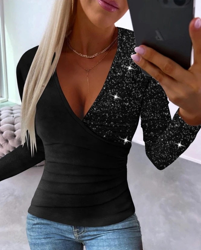 

Y2K Fashion Woman Blouse 2023 Autumn New Casual Deep V-Neck Slim Fit Ruched Contrast Sequin Overlap Top Temperament Commuting