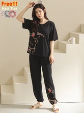 

ATUENDO Summer Kawaii Cute Pajamas Sets for Women 100% Cotton Solid Black Satin Sleepwear Fashion Atoff Home Soft Silk Homewear