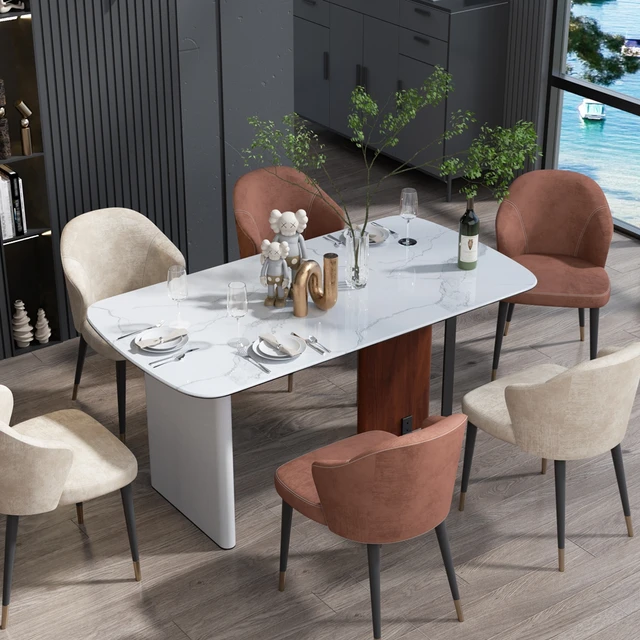 Tavolo da pranzo rettangolare contemporaneo da 63 pollici in pietra sinterizzata e piano in vetro temperato per sala da pranzo, sala banchetti 5