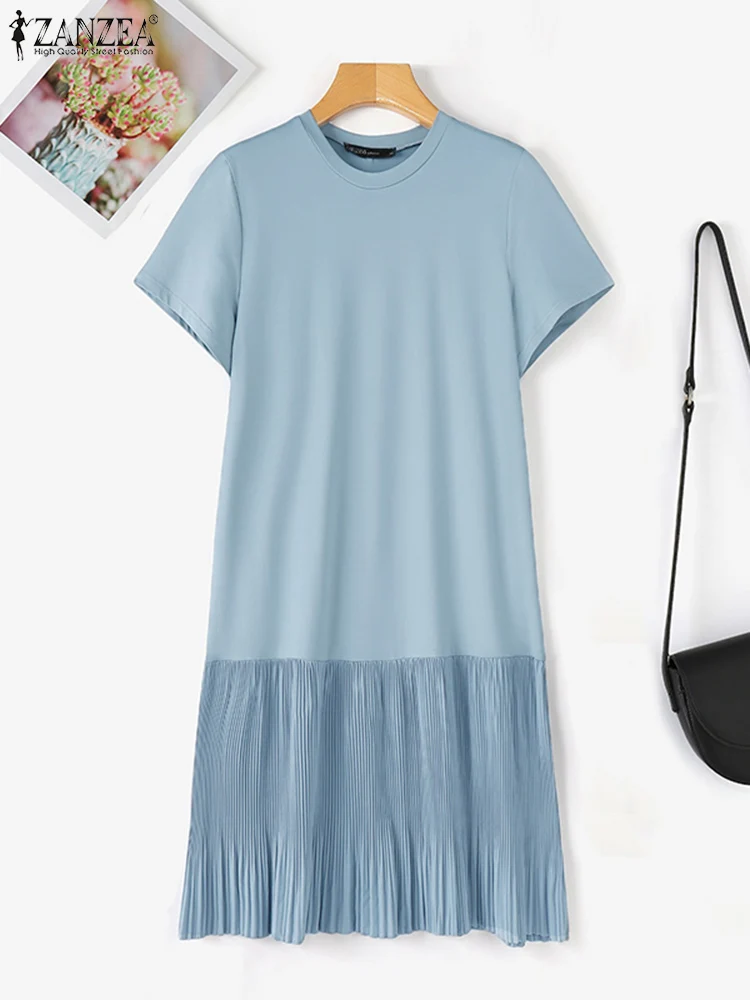 ZANZEA Casual Solid Pleated Dress Women Summer Short Sleeve Knee Length Robe 2024 Korean Loose Simple Patchwork Vestido Oversize 5