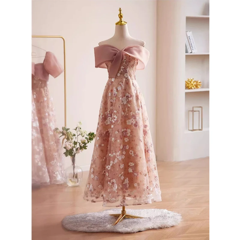 

Bespok Occasion Dress Pink Sequins Floral Off the Shoulder Pleat Sleeve Floor-length A-line Lace up Plus size Evening Gown B2904