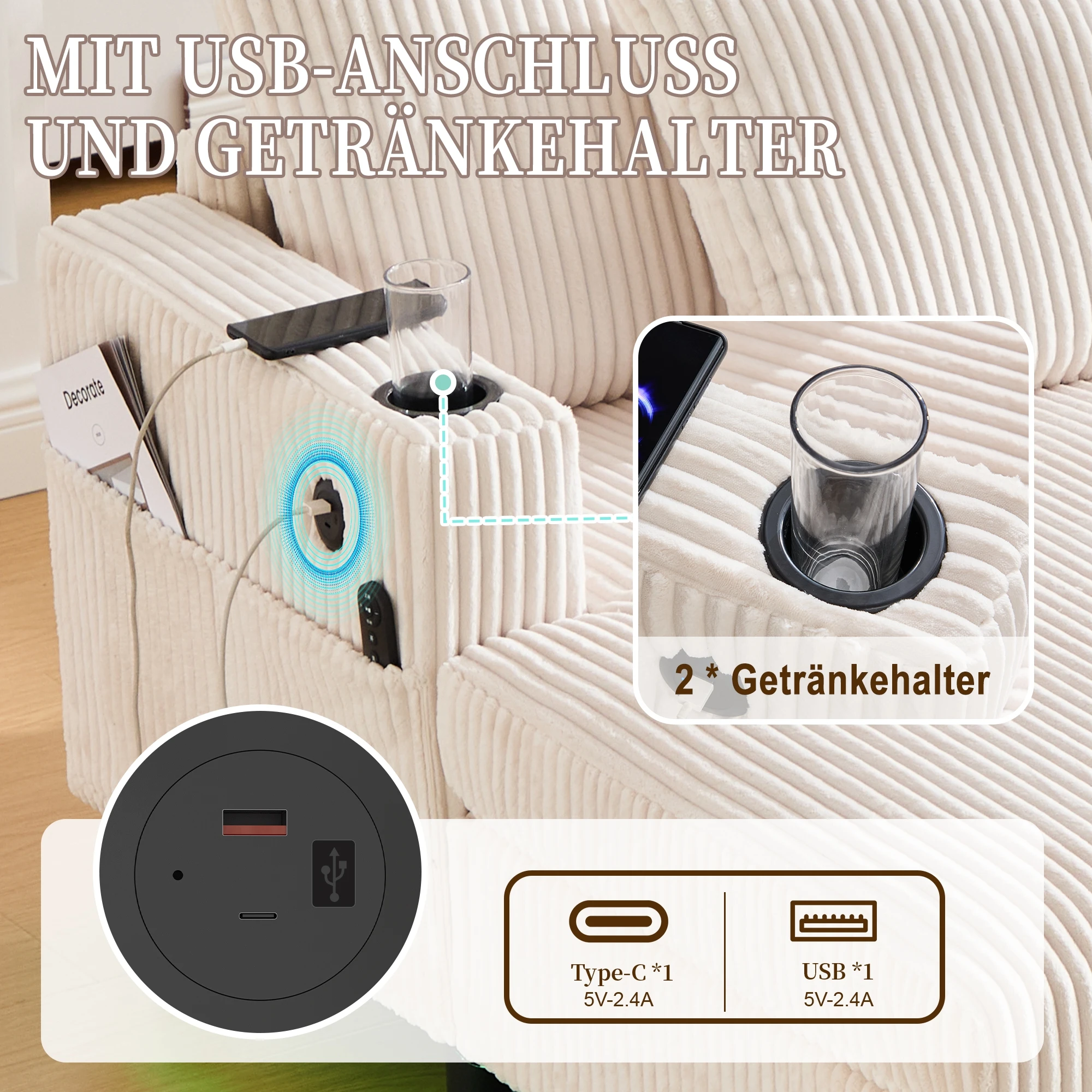 LVHOM Modernes Chaiselongue-Sofa mit Getränkehalter, USB-Anschluss und LED-Beleuchtung, großes Schlafsofa, geeignet für Wohnzimmer, Schlafzimmer – Detail 4