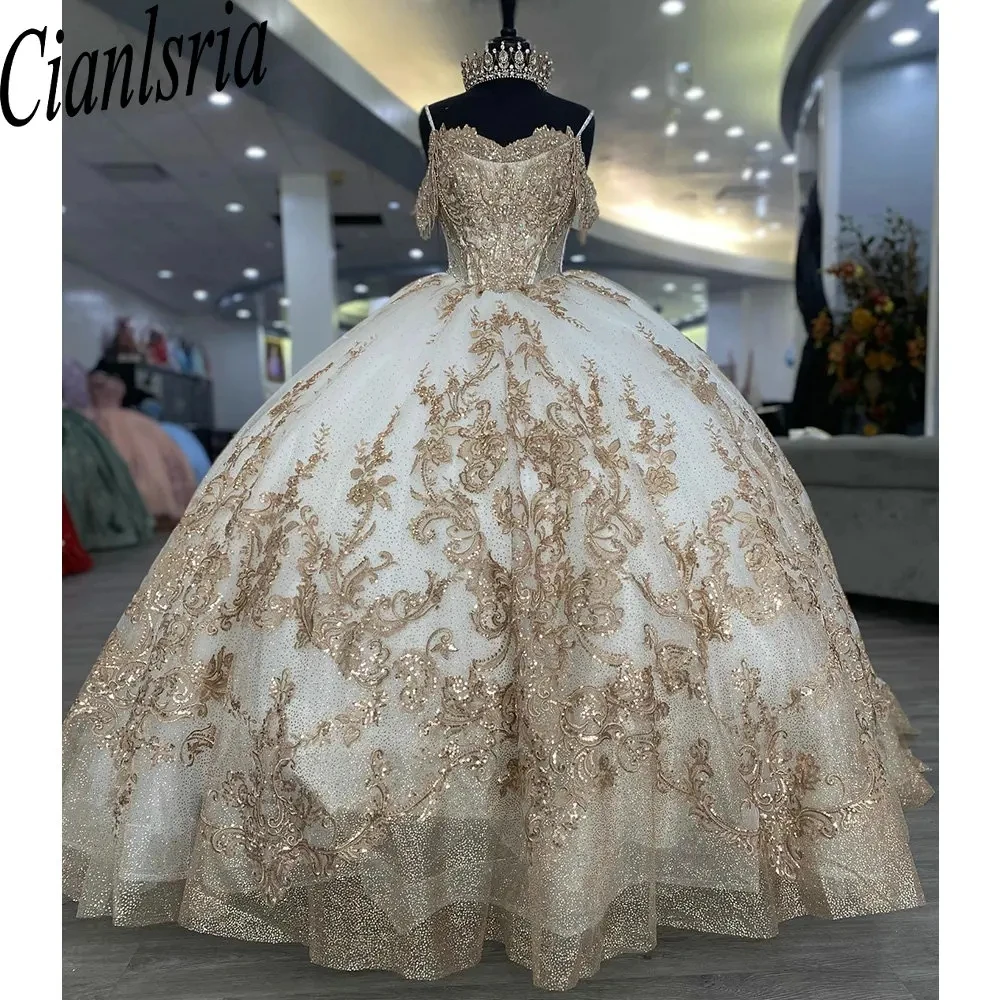 

Champagne Beading Tassel Ball Gown Quinceanera Dresses Spaghetti Strap Sequined Appliques Lace Corset Vestidos De 15 Años