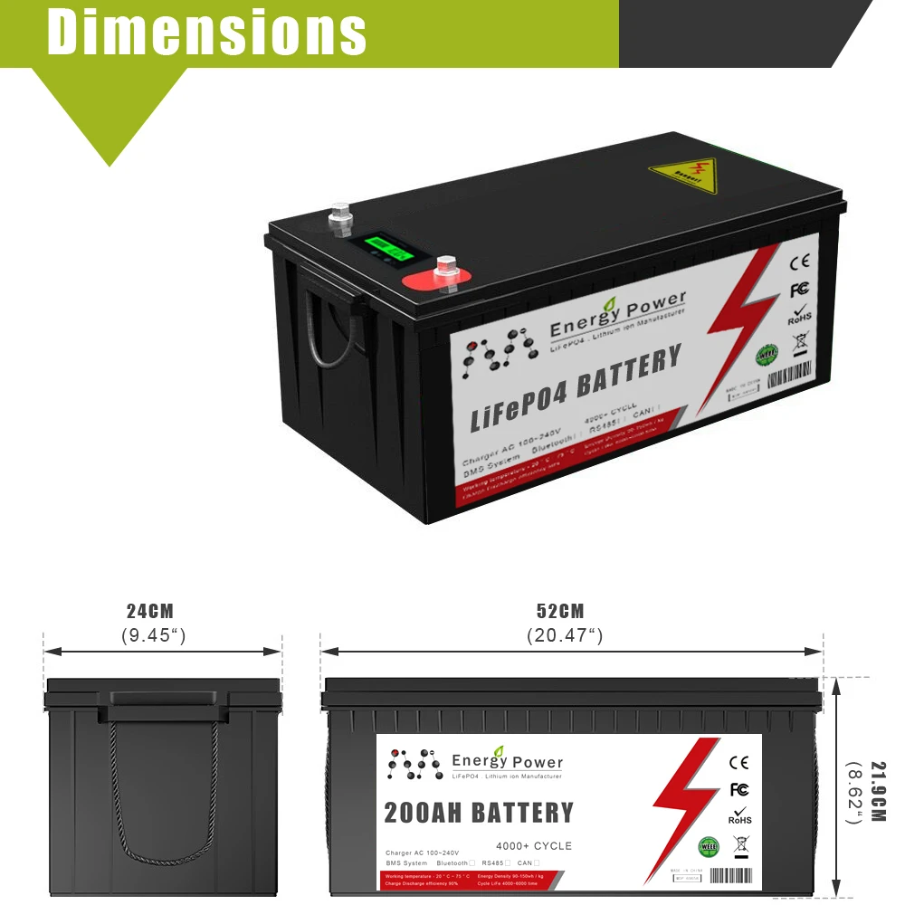 24V 100Ah 200AH LiFePO4 Lithium Iron Phosphate Battery with BMS 6000 Cycles For RV Campers Golf Cart Off-Road Off-Grid Solar Win