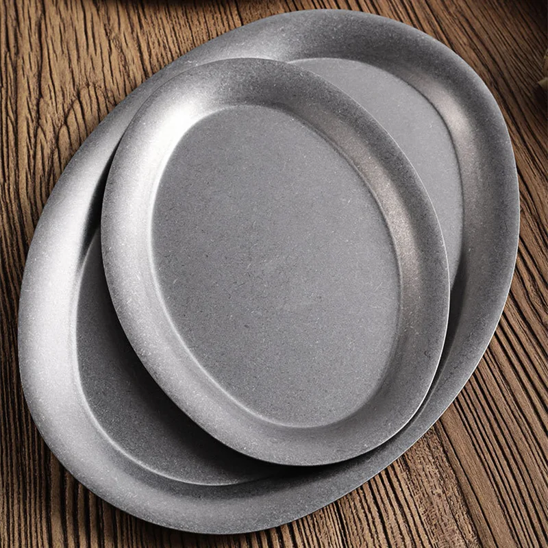 Japanese Vintage Oval 304 Stainless Steel Restaurant Plate Dessert Tray Kitchen Tableware 1 Pcs dining dish