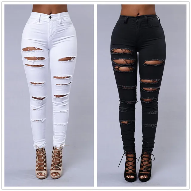 Nouveau printemps été élastique fjBlack et blanc déchiré Jeans mode Sexy Skinny Denim crayon pantalon S-3XL DstressShipping 1