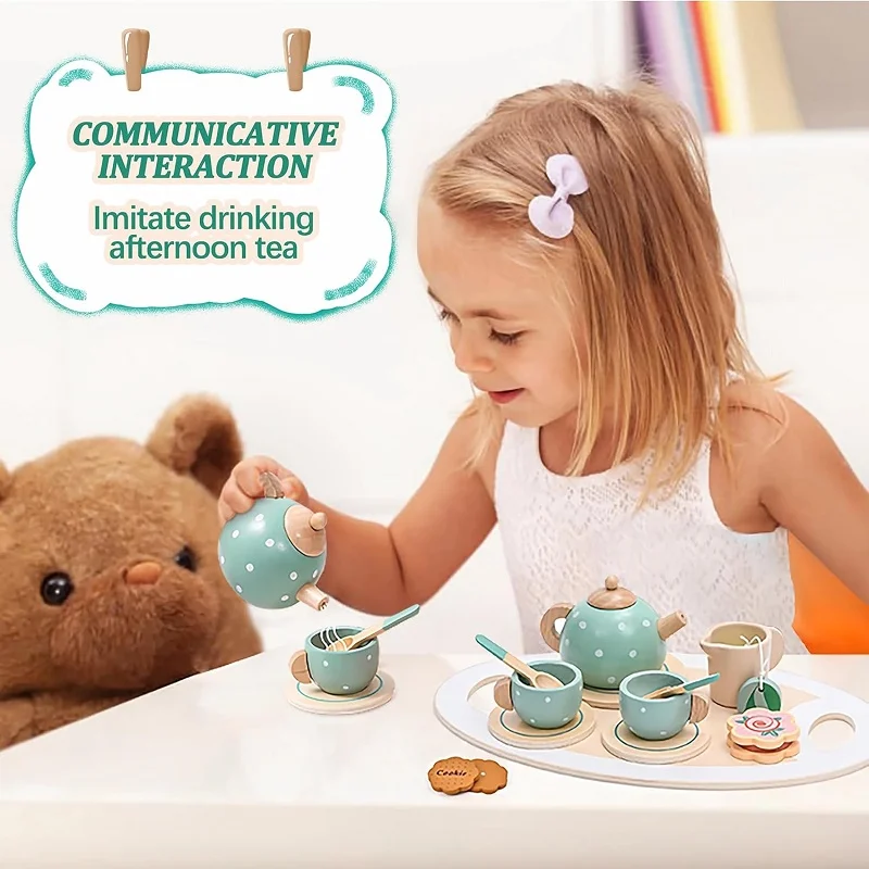 Wooden tea set toy little girls toddler play kitchen accessories kids pretend play food party toys