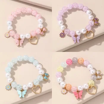 Cute Girls Popcorn Beads Bracelet with Glass Imitation Pearl Heart Butterfly Flower Bow - Jewelry Accessories for Friendship 1