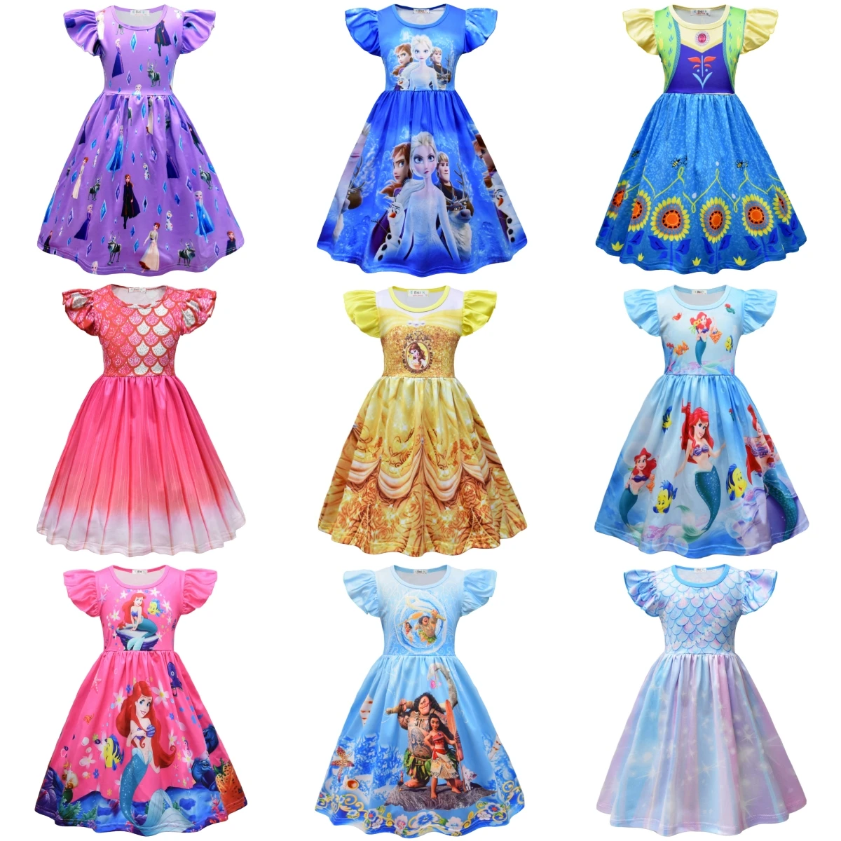 

Disney Girls Casual Dresses Cartoon Children's Dress Flying Sleeve Girls Skirt Children Kids Princess Dress Birthday Costume