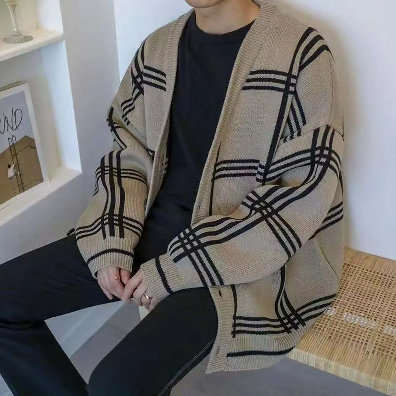 Autumn And Winter Sweater Men\'s Ins Vintage Loose Languid Style Knit Cardigan V-neck Plaid Korean Version Personality Jacket Tre