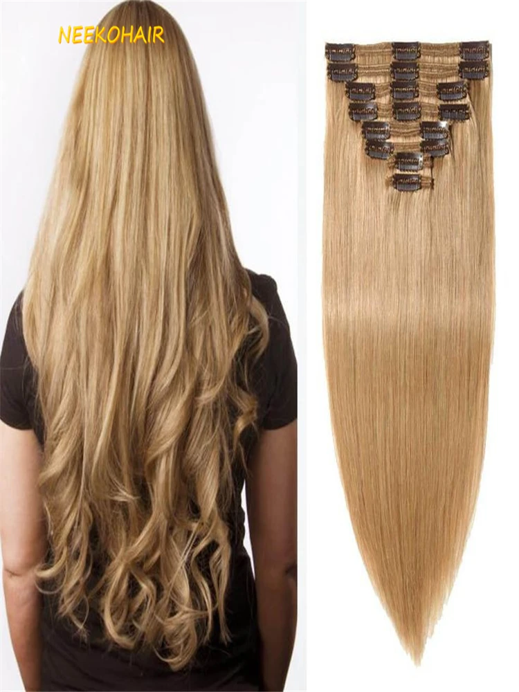 

120G #27 Full Head 8Pcs Honey Blonde Clip In Human Hair Extensions Straight 100% Brazilian Remy Hair 10-30 inch Could Be Curly