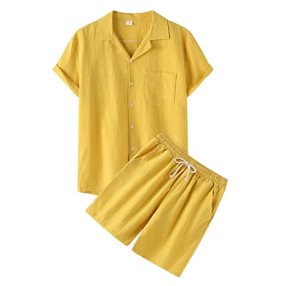 

Cool Summer Comfortable Short-sleeved Button Shirt Men's Solid Color T-shirt Shorts Suit Men's Cotton And Linen Casual Suit
